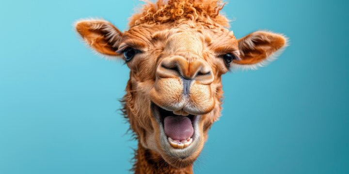 Una jirafa con una mueca alegre en la cara, un animal lindo sobre un fondo de espacio de copia simple. Concepto: impresi&oacute;n y dise&ntilde;o, Plantilla para pinturas.