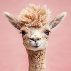 Obraz premium close up of a llama with pink hair, Animal on a plain background, copy space banner. Postcard with cute creatures.