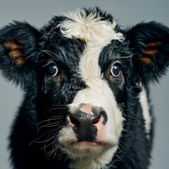 Fototapeta premium black and white cow with a surprised expression on its face on a gray background.