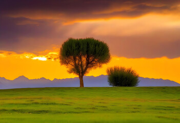 Obraz premium A lone tree standing on a grassy hill at sunset with a cloudy sky above