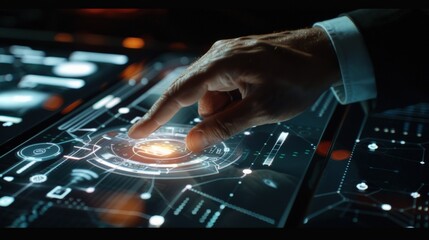Obraz premium A businessman's hand reaching out to touch a virtual screen projected from a smartphone.
