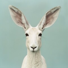 Obraz premium minimalist portrait of a white rabbit with large ears against a light blue background. The image has a clean and simple aesthetic, focusing on the rabbit's features.