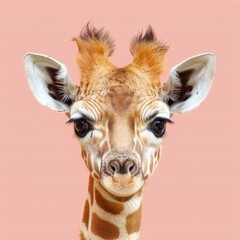 Naklejka premium A giraffe with a cheerful grimace on its face, a cute animal on a plain copy space background. Concept: print and design, template for paintings