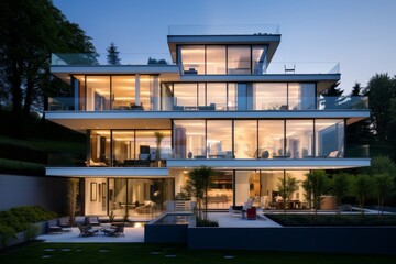 A Detailed View of a Contemporary Split-Level Residential House with a Lush Garden