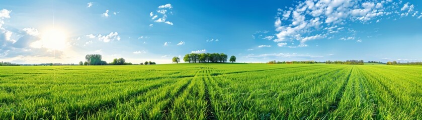 The image shows a beautiful green field with a blue sky and white clouds.