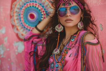 A woman wearing sunglasses and a pink dress. Perfect for fashion or summer-themed designs