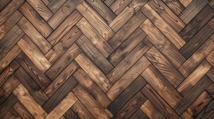 The image shows a herringbone parquet floor. The floor is made of dark wood and has a warm, inviting appearance. The floor is perfect for a living room, dining room, or bedroom.