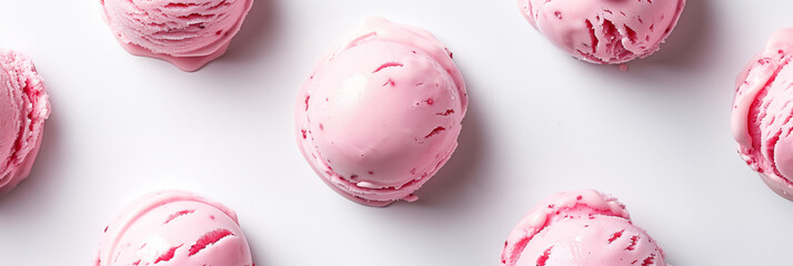 Fototapeta premium Bubble gum flavored ice cream scoops on white background banner. Panoramic web header. Wide screen wallpaper