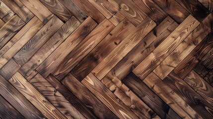 The image shows a herringbone pattern made of medium brown wooden planks. The planks are arranged in a zigzag pattern, and the wood has a natural, rustic appearance.