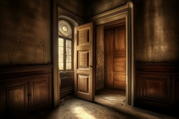 Eerie old room with a doorway leading to unknown, illuminated by the light through a round window