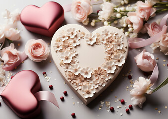 Lovely powder-colored heart-shaped gift box with pale pink roses. Top view