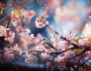 Sunny pink cherry blossom at blue sky background. Beautiful outdoor nature background