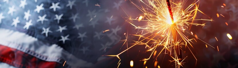 Fototapeta premium Happy 4th of July banner with American flag, sparklers, and text on a festive background, celebrating Independence Day with symbols of freedom and national pride.