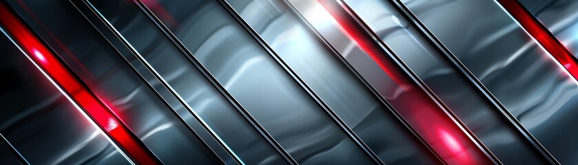 The image is showing abstract 3D rendering of glowing red and blue neon lights reflecting on the surface of glossy black metal panels.