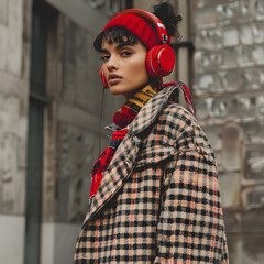 Young girl wearing chic trendy clothes and red headphones. Vibrant urban chic. Stylish gen z trendsetter in checkered coat. Urban street art.