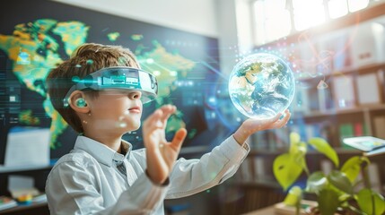 Fototapeta premium Young Boy Exploring Global Geography Through Augmented Reality