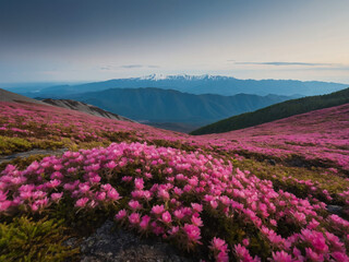 Summer scenery. From the lawn covered with pink rhododendrons the picturesque view is opened to high mountains, valley, sunrise with magic sky. Location Carpathian mountain, Ukraine, Europe.