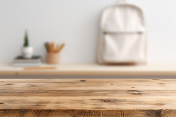 Empty wooden table top and blurred school supplies, stationery on the background. Copy space for your object, product presentation. Back to school, education concept. Front view.