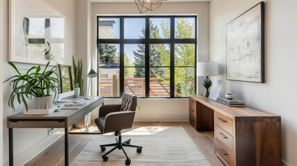 Home office with a minimal desk and natural light, creating an inspiring workspace for productivity