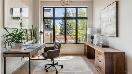 Home office with a minimal desk and natural light, creating an inspiring workspace for productivity