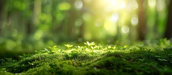 Beautiful blurred background of a natural green forest with moss on the ground and sunlight shining through the trees, in a panoramic style Generative AI