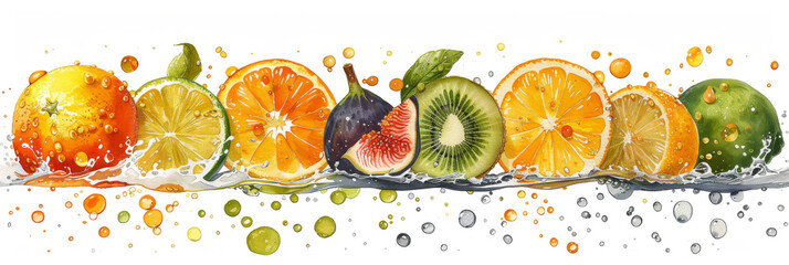 Row of Oranges and Figs With Splashed Water
