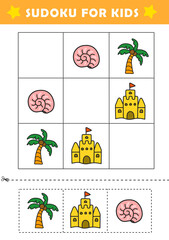 Sudoku logical reasoning activity for kids. Fun sudoku puzzle with cute beach illustration. Children educational activity worksheet.