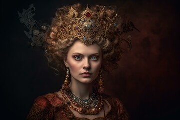Regal portrait of a woman adorned with a luxurious crown and exquisite jewelry, exuding nobility and grace