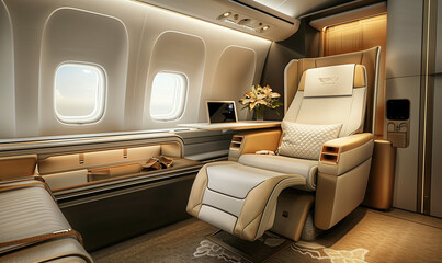 Fototapeta premium This exclusive armchair in the business cabin of an airplane is the quintessence of comfort and prestige. Its elegant appearance and excellent finish make traveling a real pleasure.