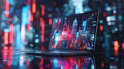 Obraz premium 3D rendering of a laptop, its screen adorned with a dazzling holographic display of abstract geometric patterns.