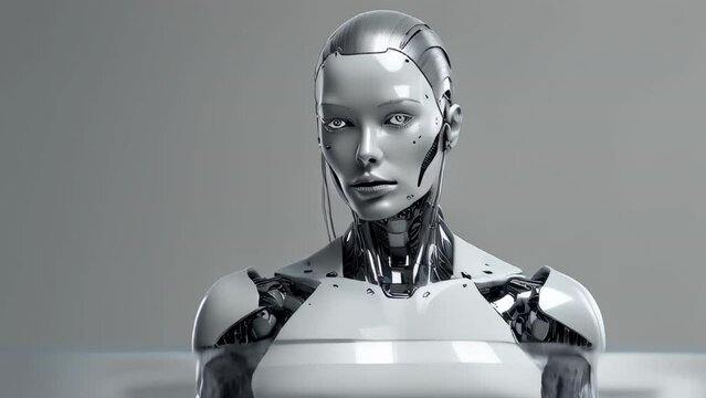 White silver modern female robot android on white background