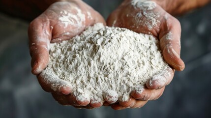 white wheat flour in male hands, close up