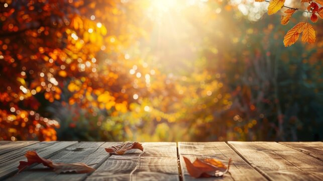 The image shows a wooden table with a blurred background of a forest in the fall. The table is covered with fallen leaves. The image is warm and inviting.