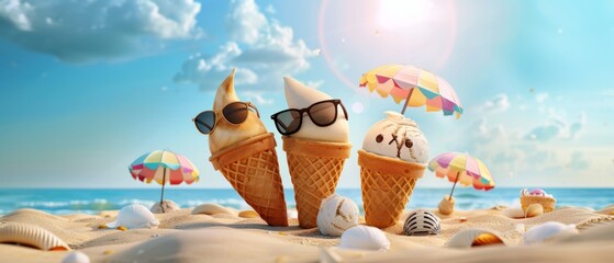 Ice Cream Cones Enjoying a Sunny Beach Day.