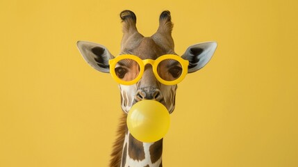 Fototapeta premium Quirky and Amusing Portrait of a Giraffe Wearing Yellow Sunglasses and Blowing a Balloon