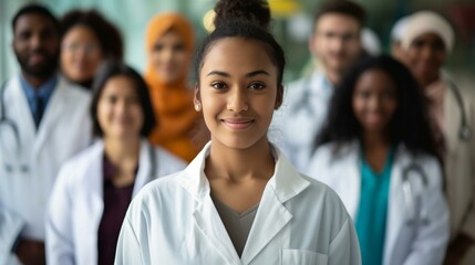 Young Female Doctor Standing Confidently in Front of Diverse Medical Team in Hospital
