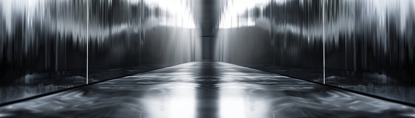 The photo shows a dark and mysterious street with a wet road and a single street lamp in the distance.