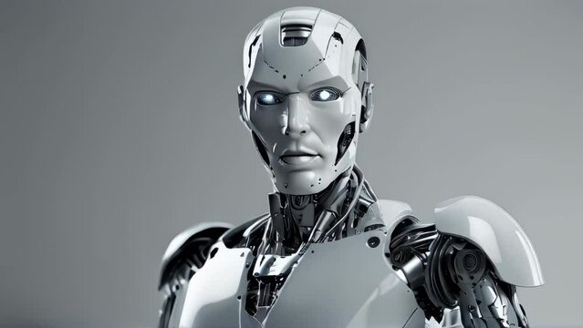 White silver modern male robot android on white background