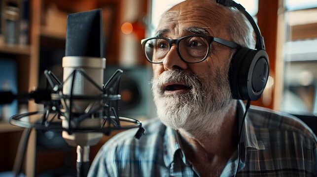 old man giving an interview in a studio with headphones on and a microphone recording - Powered by Adobe