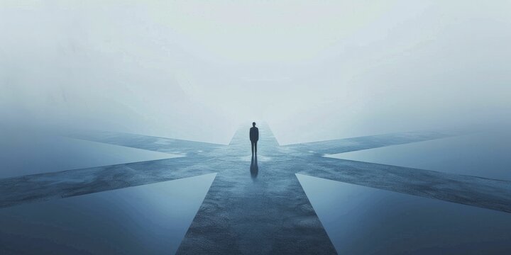 Minimalist crossroads concept with person facing multiple blue paths, pale background emphasizing clarity and choice.