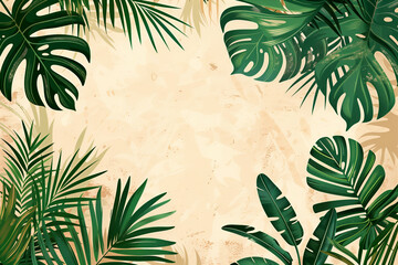 Tropical and palm leaves on beige background