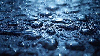 Exquisite macro shot capturing the dynamic impact of raindrops on a water surface, emphasizing the beauty of natural phenomena