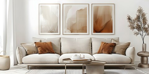 D render of a modern living room with a beige sofa, coffee table, and posters. Concept 3D Rendering, Modern Living Room, Beige Sofa, Coffee Table, Posters