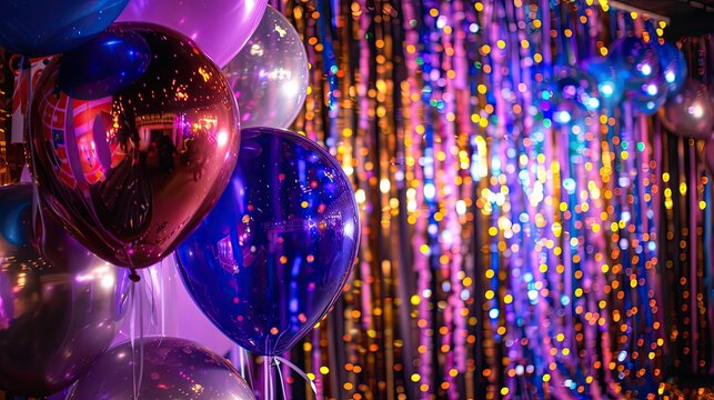 carnival themed party with multicolored streamers, big bright balloons, and festive lights all around