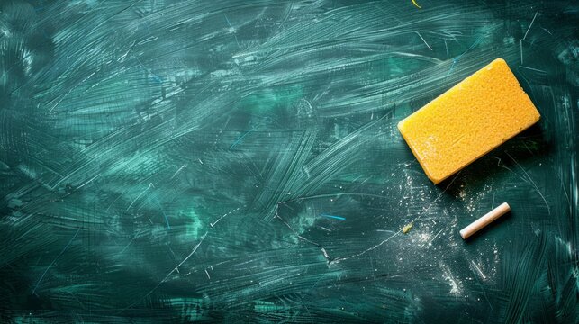 Green chalkboard with a yellow sponge and a piece of chalk, representing classroom, education, and learning concepts. Blank space on the left for text or de concept of education and school. 