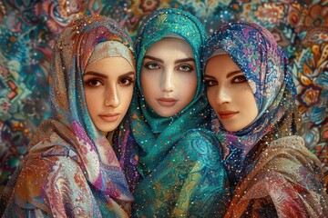 Three women in vibrant headscarves posing for a picture, suitable for cultural diversity concepts