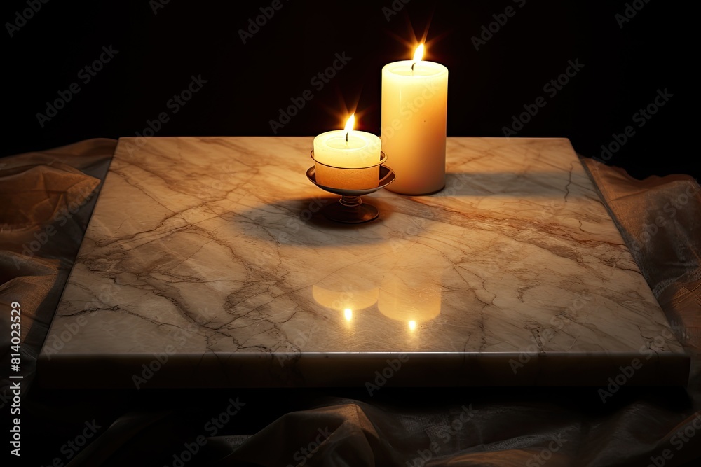 Canvas Prints Two burning candles on a marble table with a black background. Selective focus.