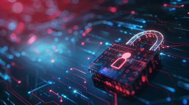 digital padlock on abstract cyber security technology blue background with binary code hyper realistic 