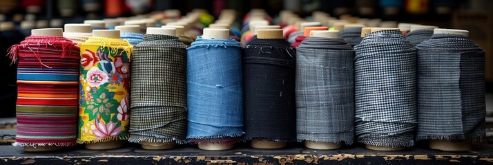 Colorful fabric spools arranged neatly, ready for dressmaking and needlework projects in vibrant hues