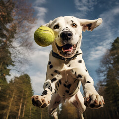 Dalmatian dog jumping happily in the air catching a ball. Training with ball.	